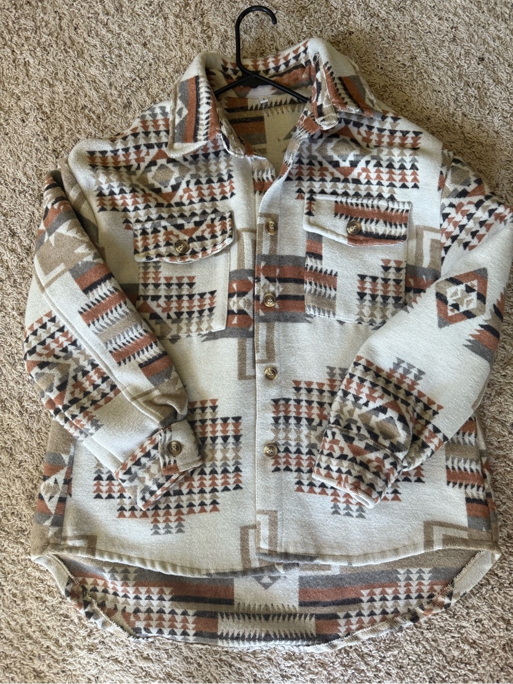 Cream and Brown Aztec Button-Up Shacket